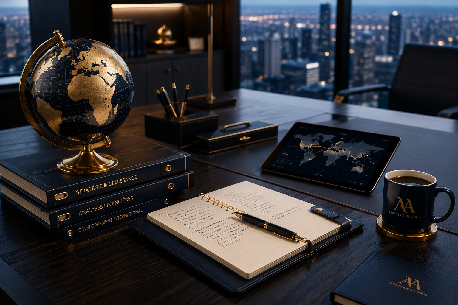 Bureau de direction luxueux avec globe doré et documents stratégiques pour les services de conseil et sourcing international de AA Compta & Business.
